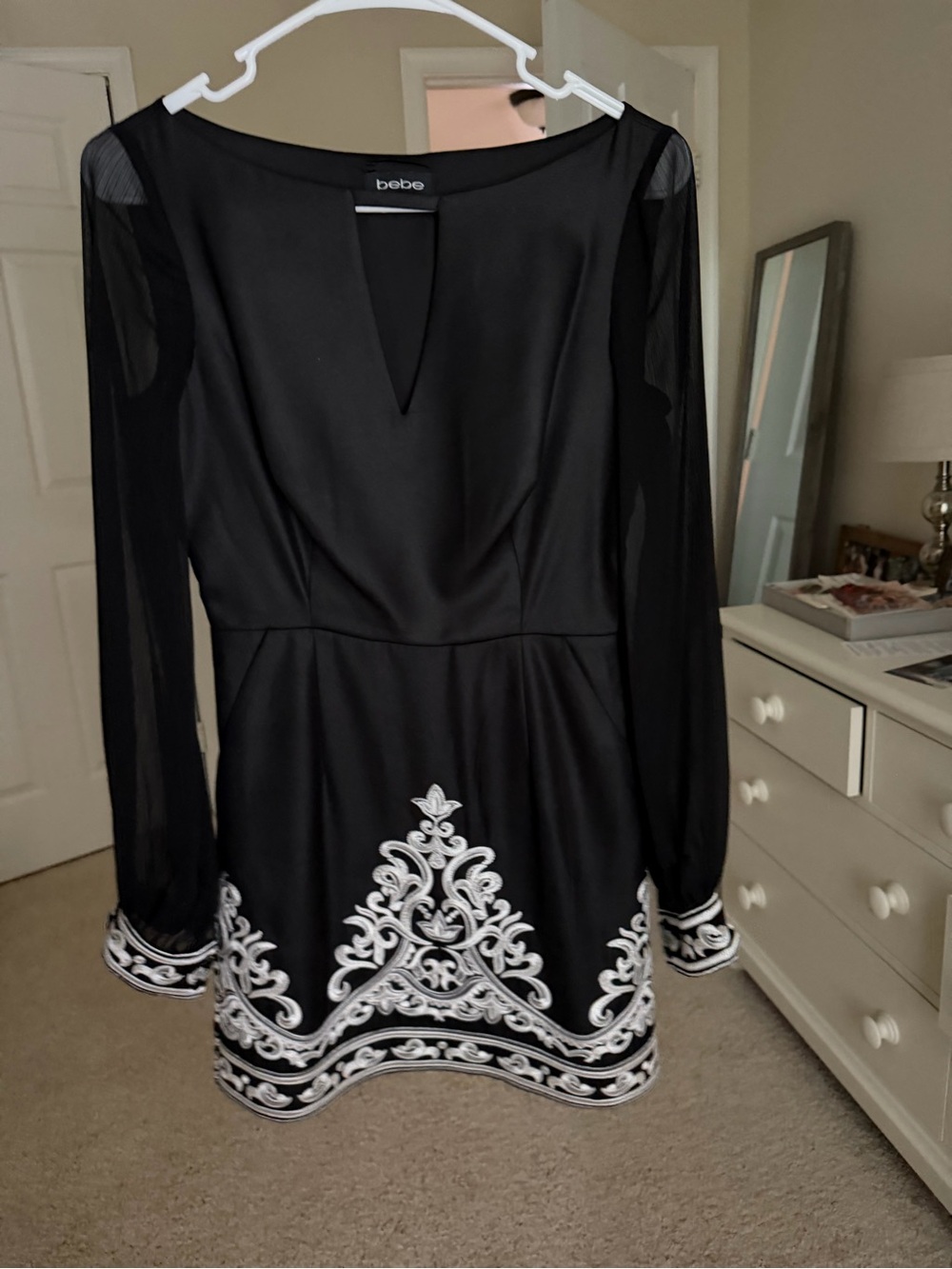 bebe Black Long-Sleeve Mini Dress with White Embroidery